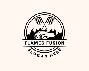 Flaming Car Racing Flag logo design