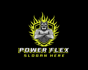 Muscles - Pitbull Muscles Fire Shield logo design