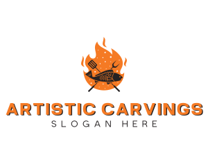 BBQ Flame Cooking Fish logo design