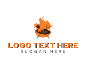 Cooking - BBQ Flame Cooking Fish logo design