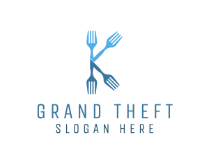 Blue Fork - Kitchen Fork Letter K logo design