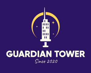 Skyscraper Tower Vaccine Syringe logo design