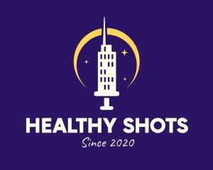 Skyscraper Tower Vaccine Syringe logo design