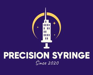 Skyscraper Tower Vaccine Syringe logo design