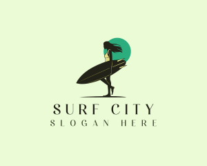 Surfing Woman Sunset logo design