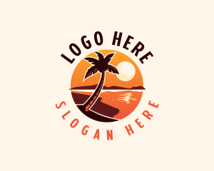 Beach - Palm Tree Beach Sunset logo design