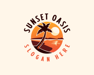 Palm Tree Beach Sunset logo design