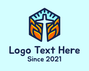 Holy Mass - Hexagon Fire Cross logo design