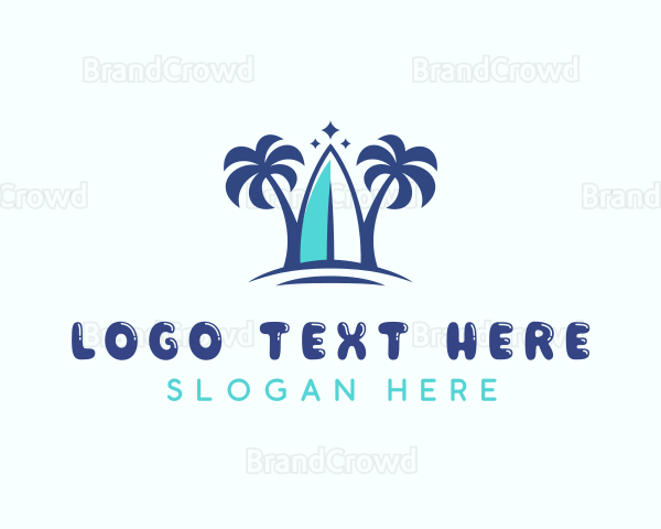 Palm Tree Beach Surfing Logo