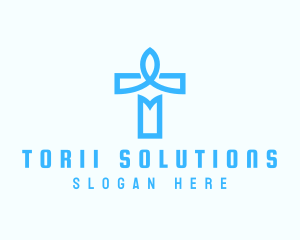 Blue Crucifix Letter T logo design