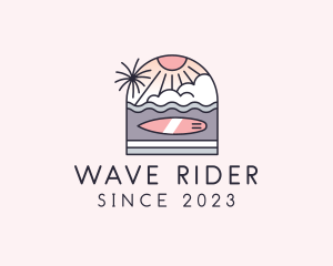 Surfboard - Sunset Surfing Beach logo design