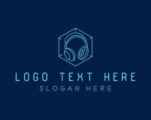 Discography - Neon Blue DJ Headphones logo design