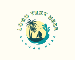 Palm Tree - Beach Boat Wave logo design