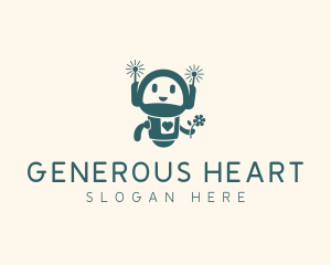 Flower Heart Cute Robot logo design