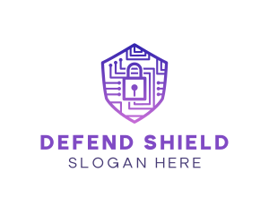 Defend - Circuit Shield Padlock logo design
