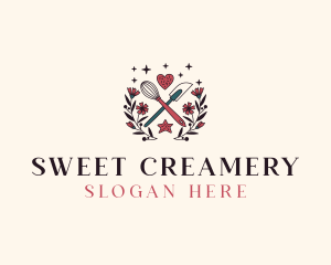 Floral Whisk Spatula Baking logo design