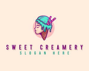 Woman Ice Cream Dripping logo design