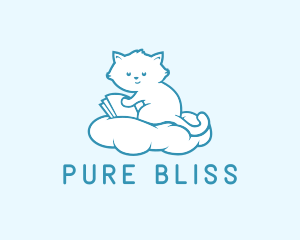 White - Cloud Cat Kitten Reading logo design