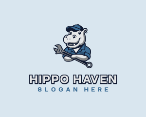 Mechanic Hippo Repairman logo design