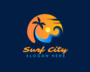 Palm Tree Surfing Wave logo design