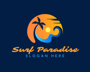 Palm Tree Surfing Wave logo design
