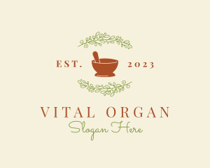 Organic Leaf Mortar Pestle logo design