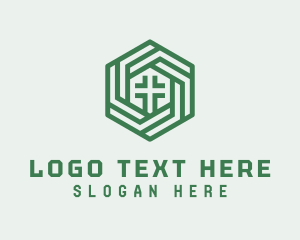 Preaching - Green Hexagon Cross logo design