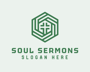 Preaching - Green Hexagon Cross logo design