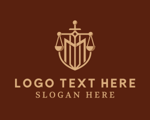 Law - Sword Scale Shield Letter M logo design