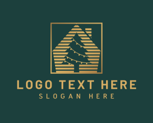 Log Cabin - Gold House Christmas Tree logo design