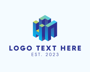 Blue - 3D Geometrical Building Letter HN logo design