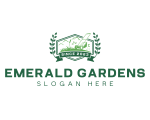 Wreath Lawn Mower Gardener logo design