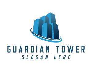 Blue Building Tower Orbit logo design