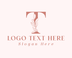 Pink - Elegant Leaves Letter T logo design
