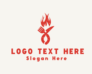 Lunch - Flaming Grill Fork Knife logo design