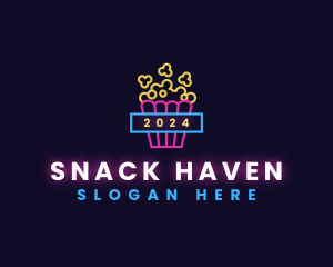 Snack Bar - Neon Light Popcorn logo design