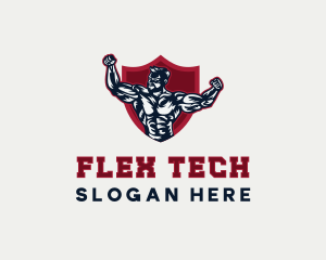 Flex - Muscle Man Shield logo design