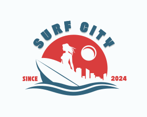 Woman Surfboard Waves logo design