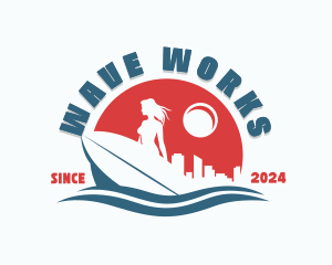 Woman Surfboard Waves logo design