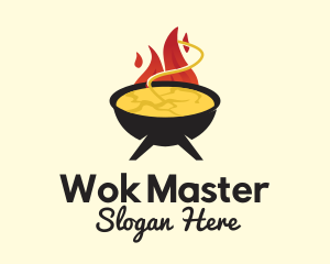 Wok - Hot Flaming Soup Cauldron logo design