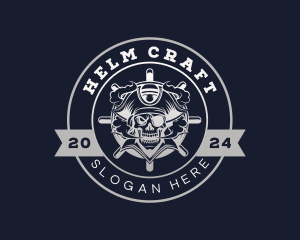 Skull Pirate Ship Helm logo design