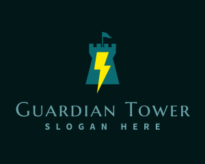 Castle Tower Lightning Bolt logo design