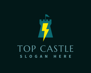 Castle Tower Lightning Bolt logo design