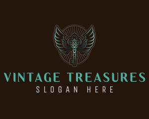 Antique Key Angel Wings logo design