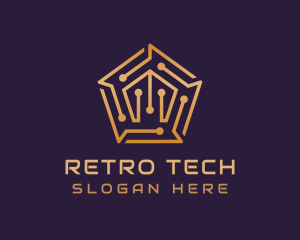 Gold Pentagon Tech Circuit logo design