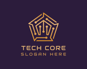 Gold Pentagon Tech Circuit logo design