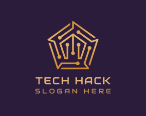 Gold Pentagon Tech Circuit logo design