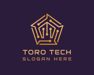 Gold Pentagon Tech Circuit logo design