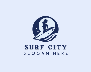 Woman Surfing Beachwear logo design