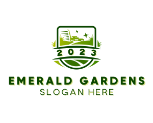 Lawn Mower Gardening Shield logo design